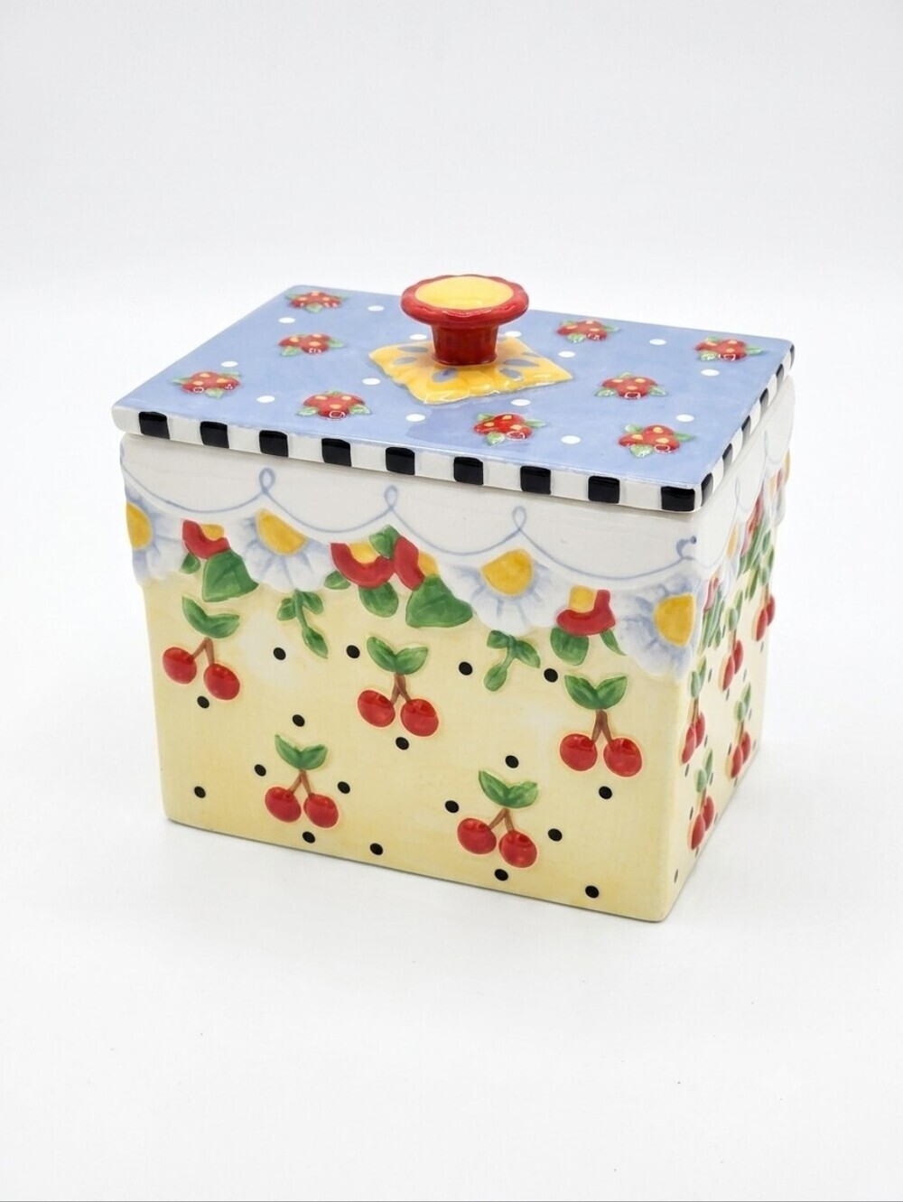 Mary Engelbreit Ceramic Cherries Tea Box Canister Lid 2002 Michel & Co Vintage